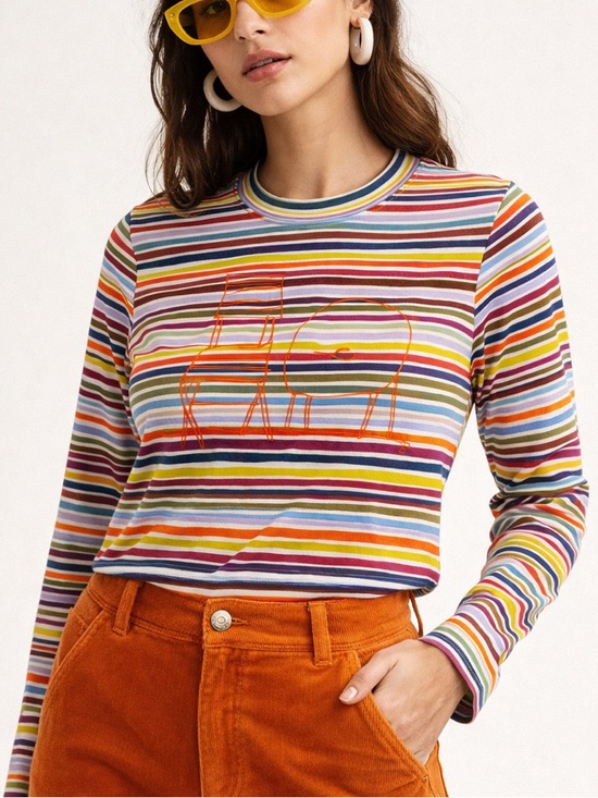 done Tops - Colorful Stripe Knit Top Y2K Retro Fitted Stretch Tee Casual Chic S